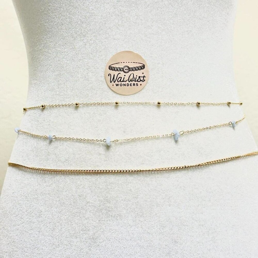 Y2K 2 PCS set Gold chain waist chain belt with blue beads, adjustable length